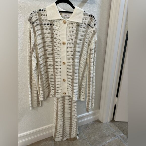 Cream Crochet Button-Up Cardigan and Pant Set - Picture 1 of 3